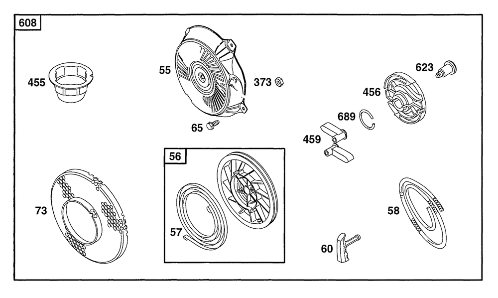 Rewind Assembly Diagram and Parts List for 133702-0135-XX  Briggs and Stratton Engine